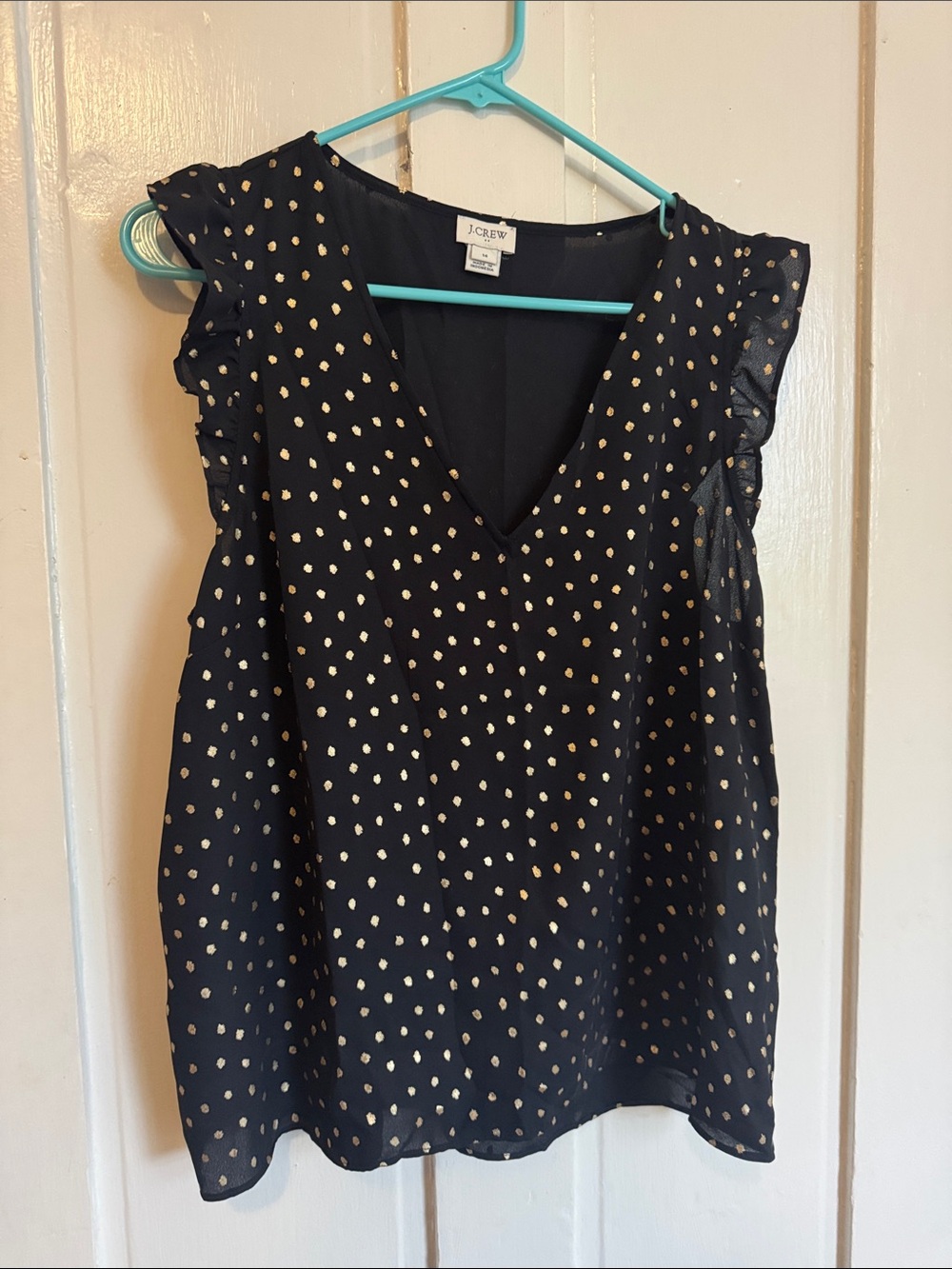 J. Crew Black V-Neck Cap Sleeve Top with Gold Dot Print